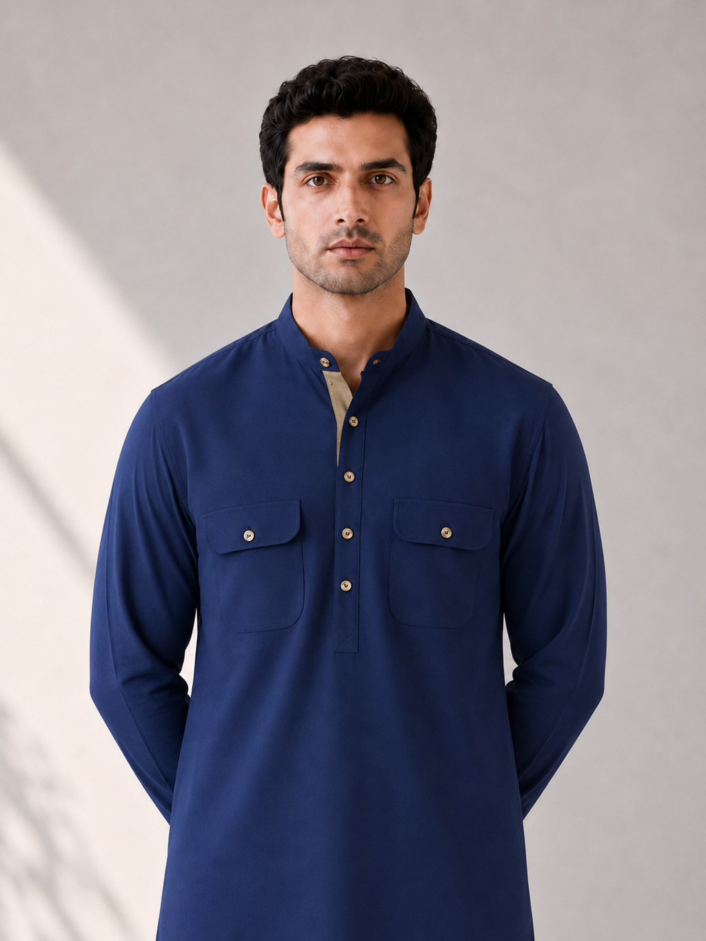 Fusion Pathani Kurta Set - Navy Blue