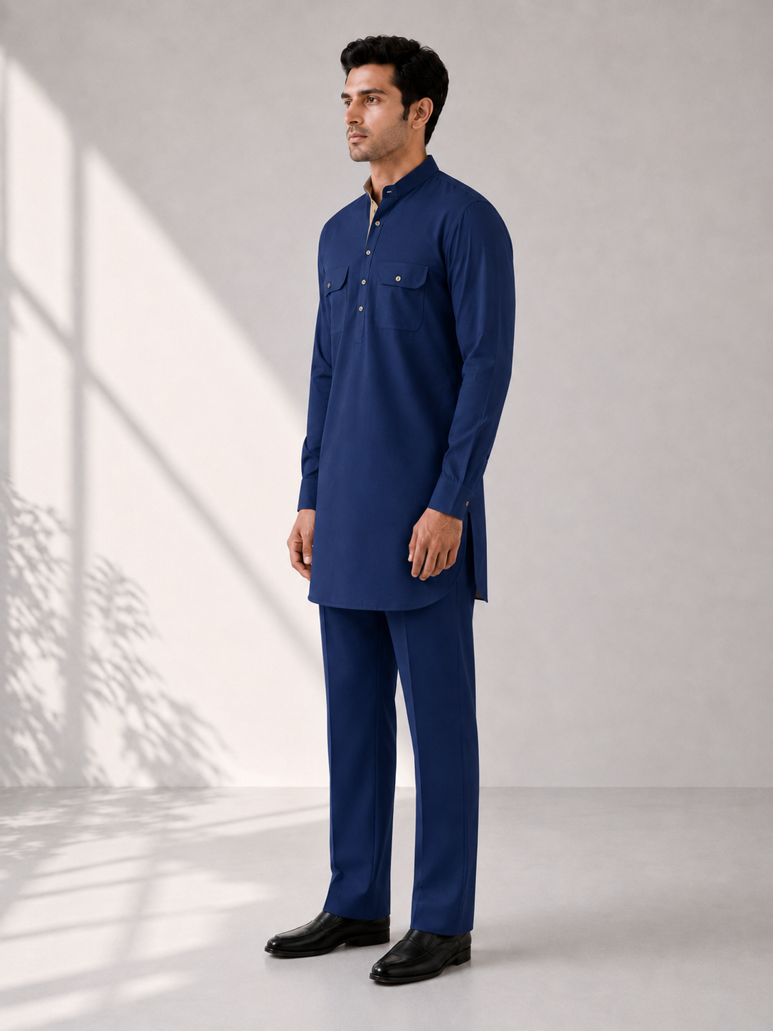 Fusion Pathani Kurta Set - Navy Blue