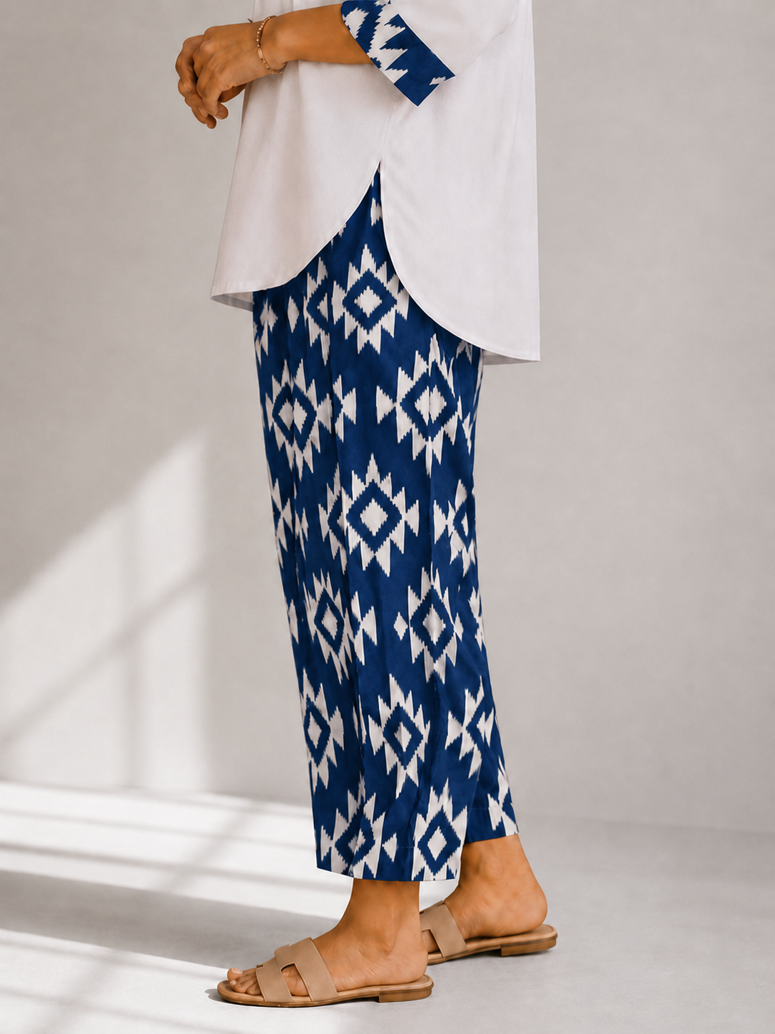 Curved Hem Relaxed Kurta with Printed Salwar - White