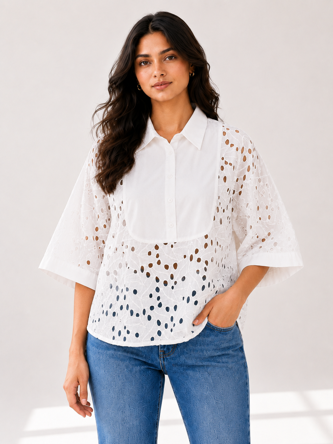 Dolman Sleeve Schiffli Shirt - White