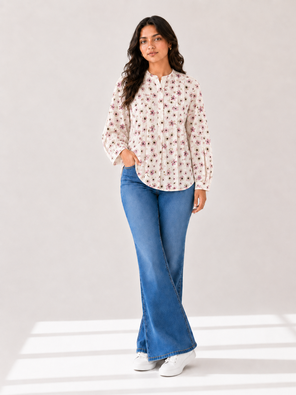 Printed Pleated Top - Button Rose