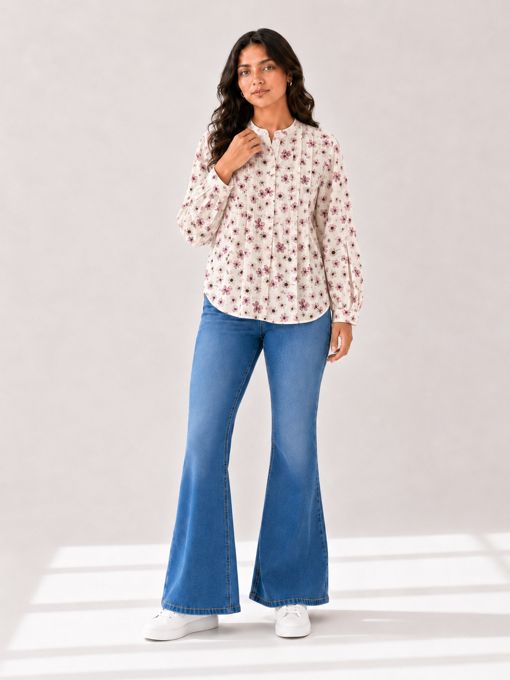 Printed Pleated Top - Button Rose