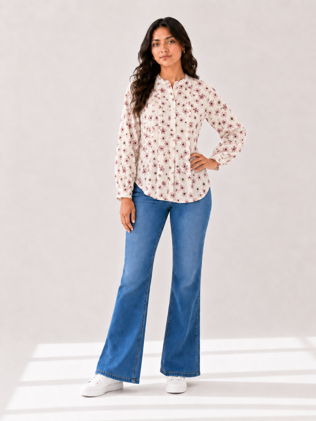 Printed Pleated Top - Button Rose