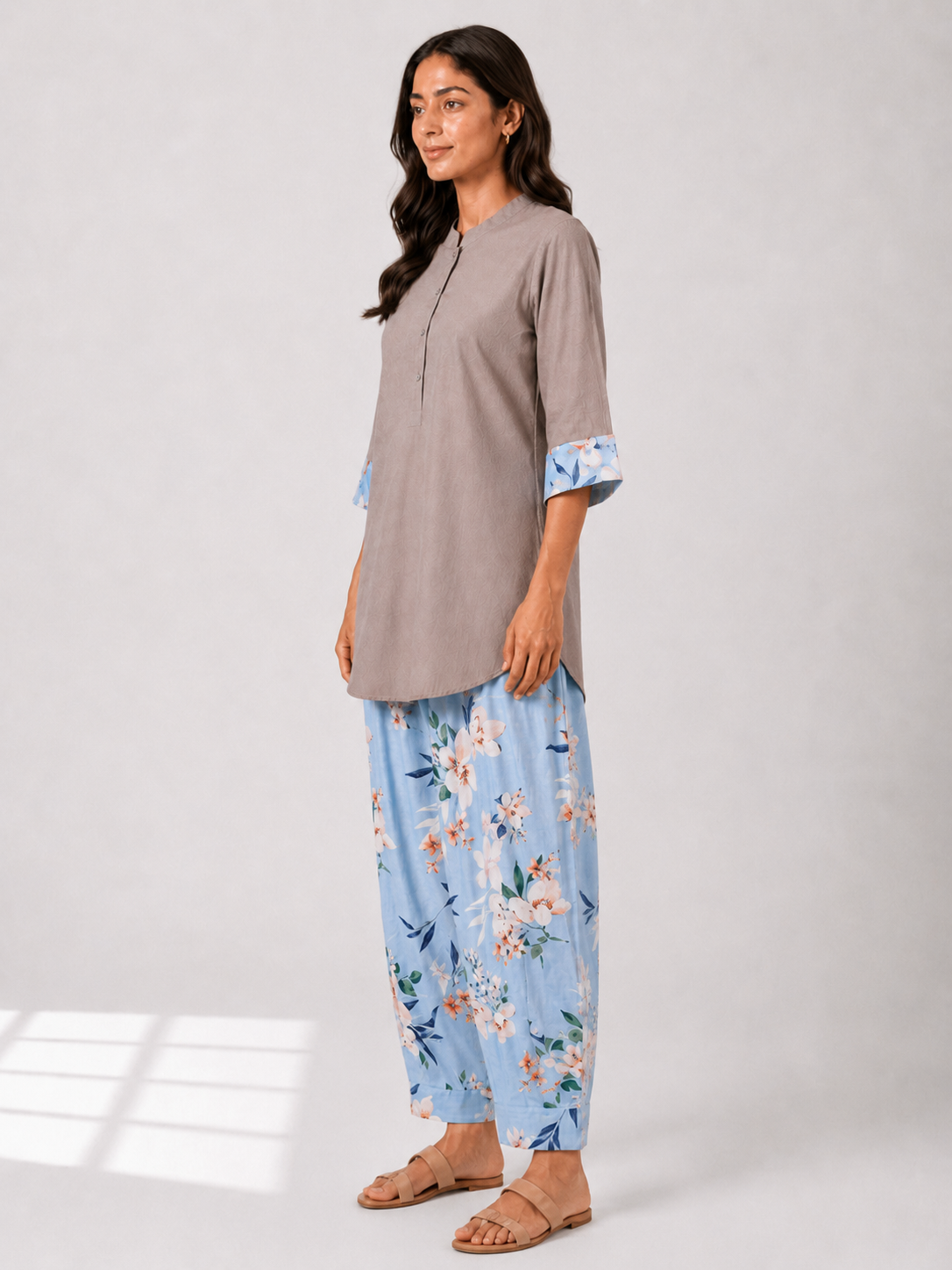 Curved Hem Relaxed Kurta with Printed Salwar - Grey