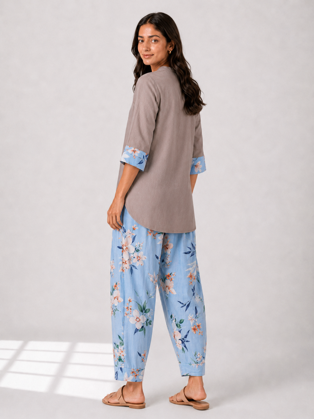 Curved Hem Relaxed Kurta with Printed Salwar - Grey