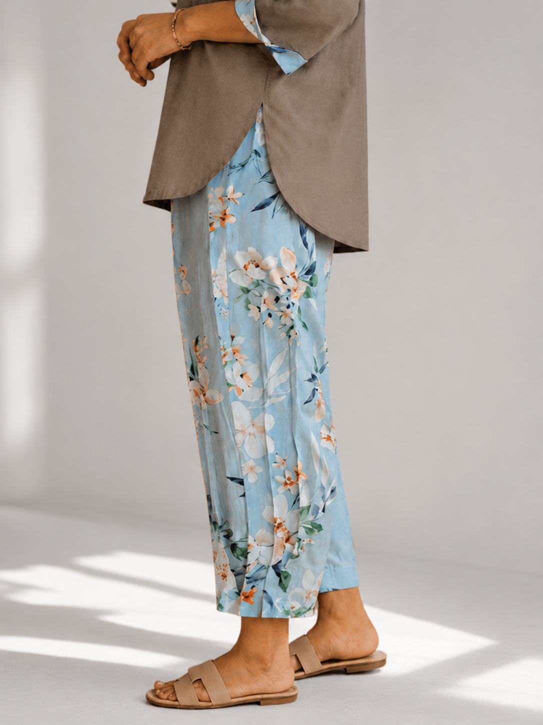 Curved Hem Relaxed Kurta with Printed Salwar - Grey
