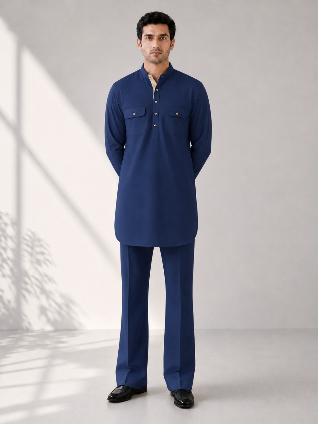 Fusion Pathani Kurta Set - Navy Blue