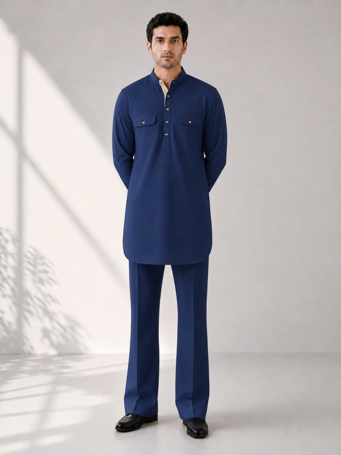 Fusion Pathani Kurta Set - Navy Blue