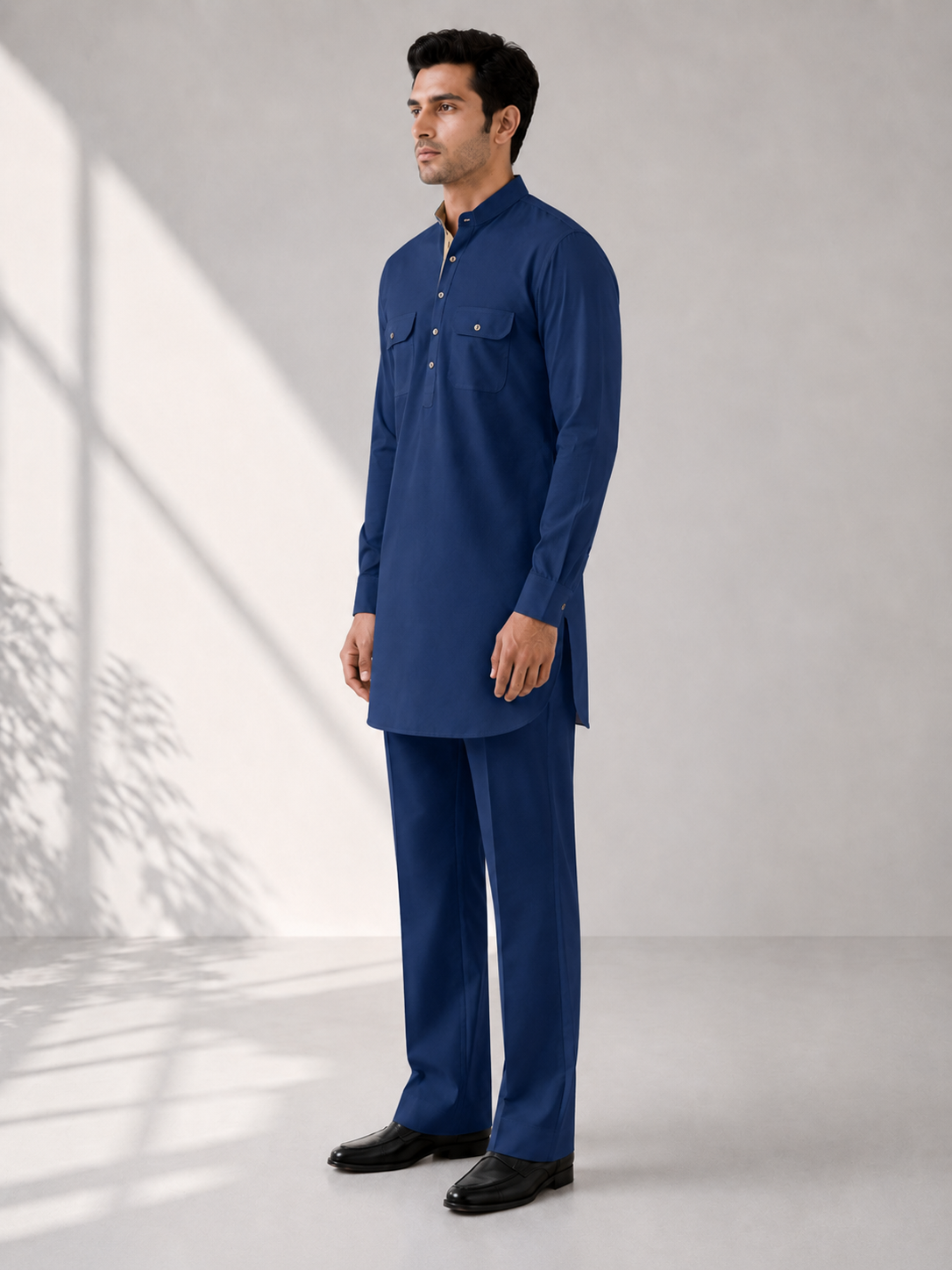 Fusion Pathani Kurta Set - Navy Blue