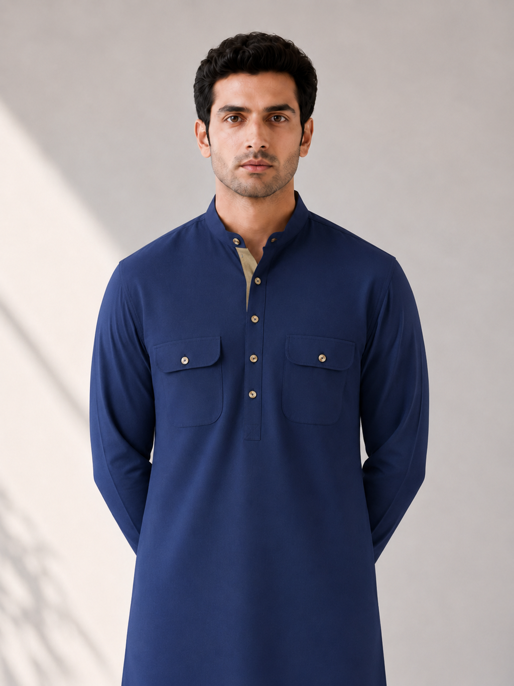 Fusion Pathani Kurta Set - Navy Blue