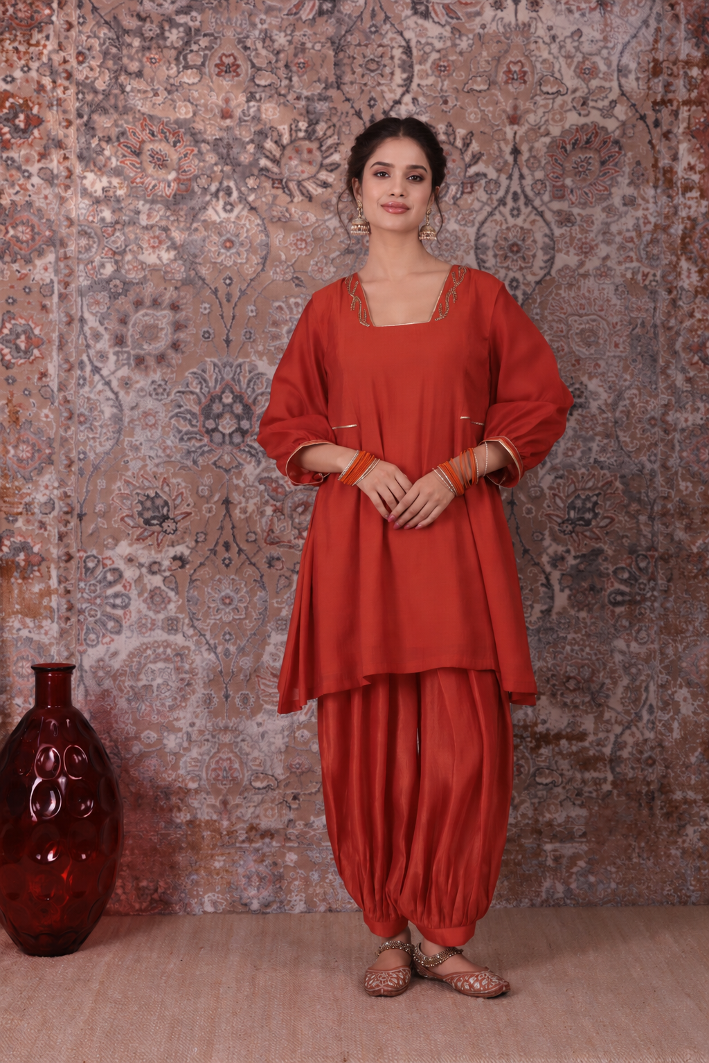 Hina - Women's Rust Orange Short Kurta Set
