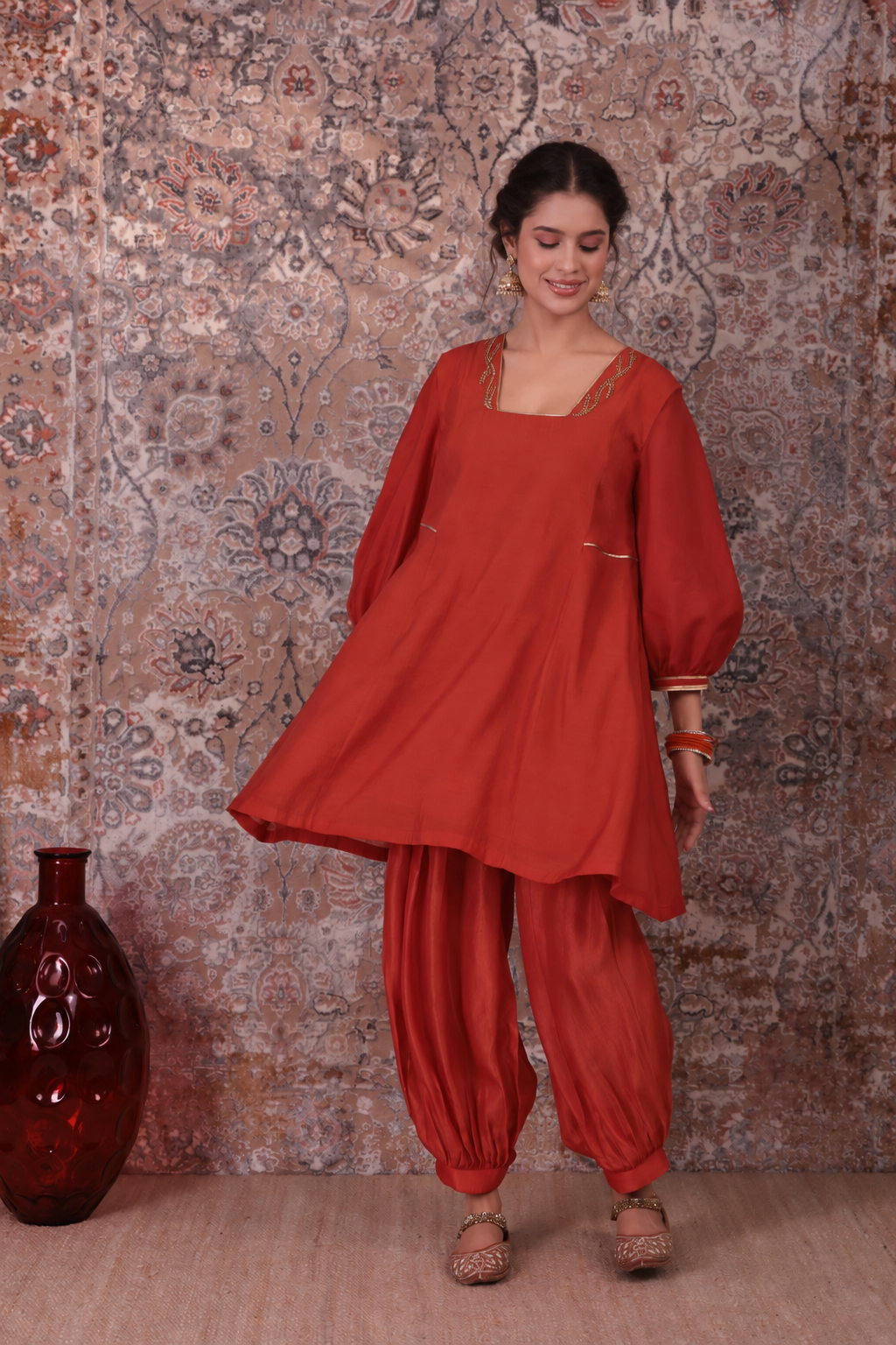 Hina - Women's Rust Orange Short Kurta Set