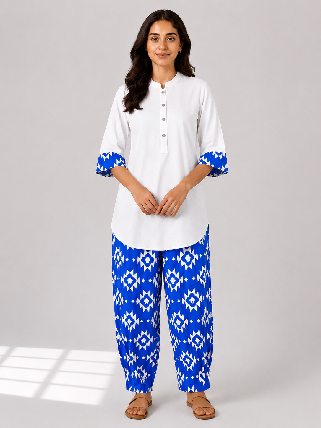 Curved Hem Relaxed Kurta with Printed Salwar - White