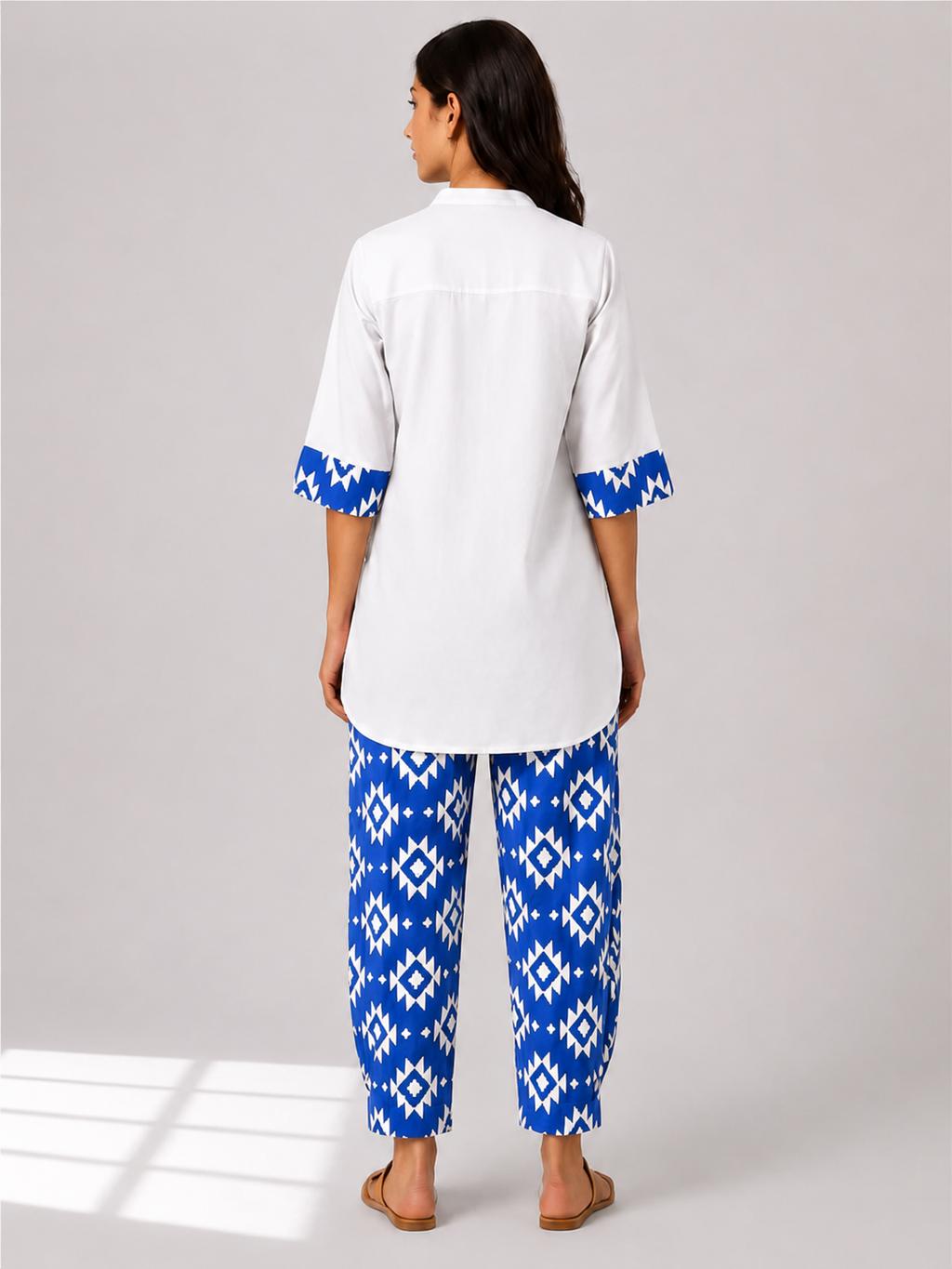 Curved Hem Relaxed Kurta with Printed Salwar - White