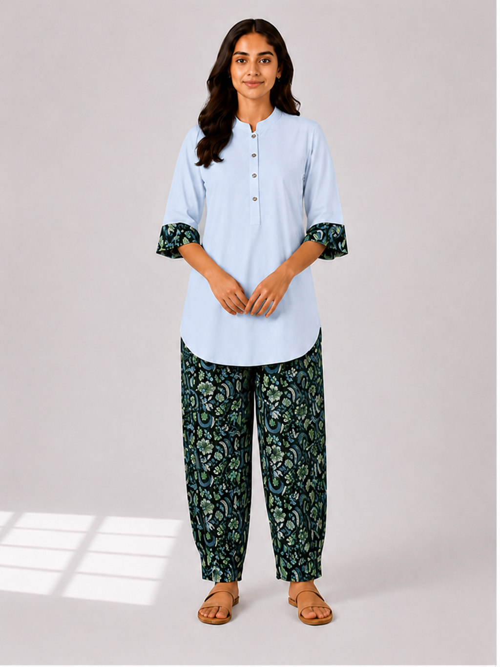 Curved Hem Relaxed Kurta with Printed Salwar - Ice Blue