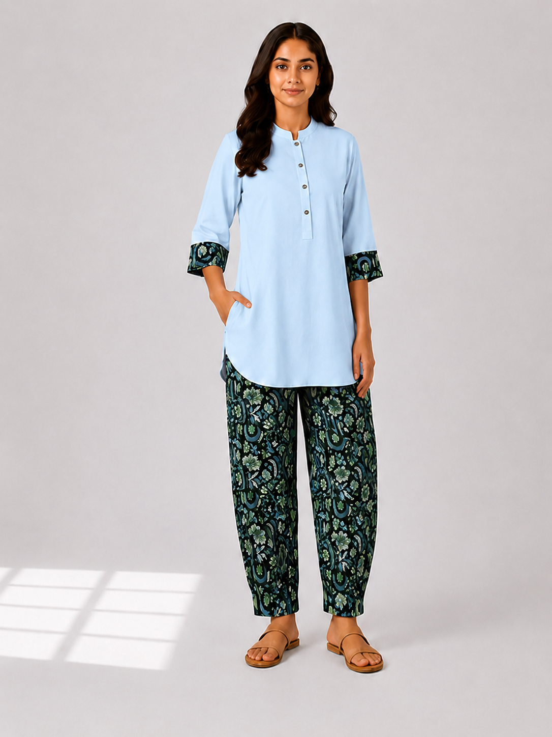 Curved Hem Relaxed Kurta with Printed Salwar - Ice Blue