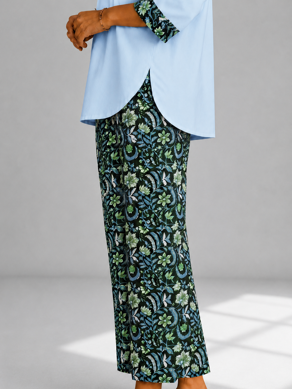Curved Hem Relaxed Kurta with Printed Salwar - Ice Blue