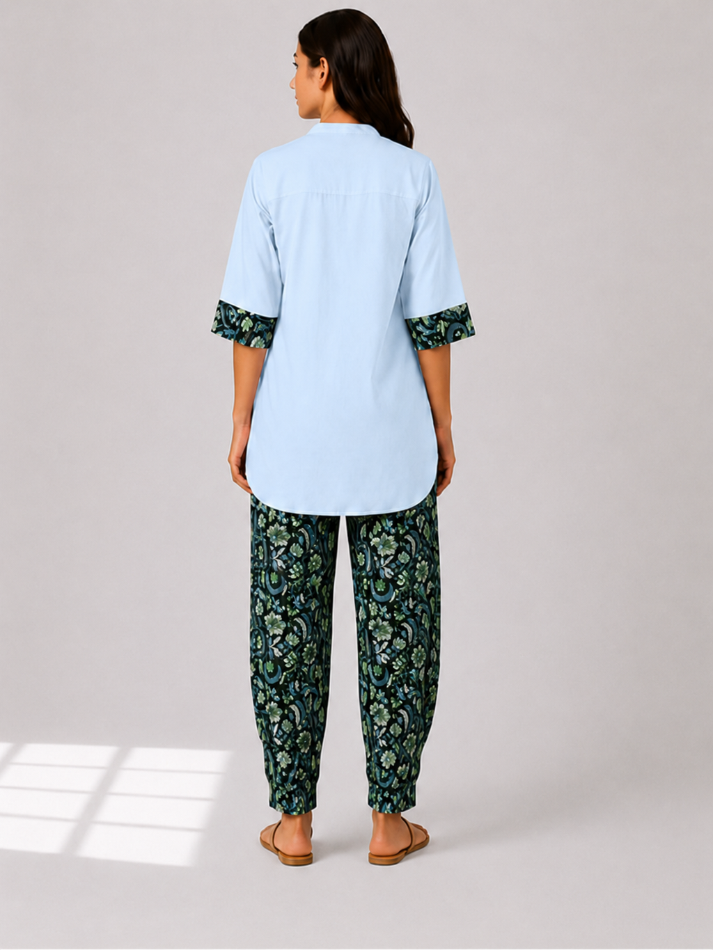 Curved Hem Relaxed Kurta with Printed Salwar - Ice Blue