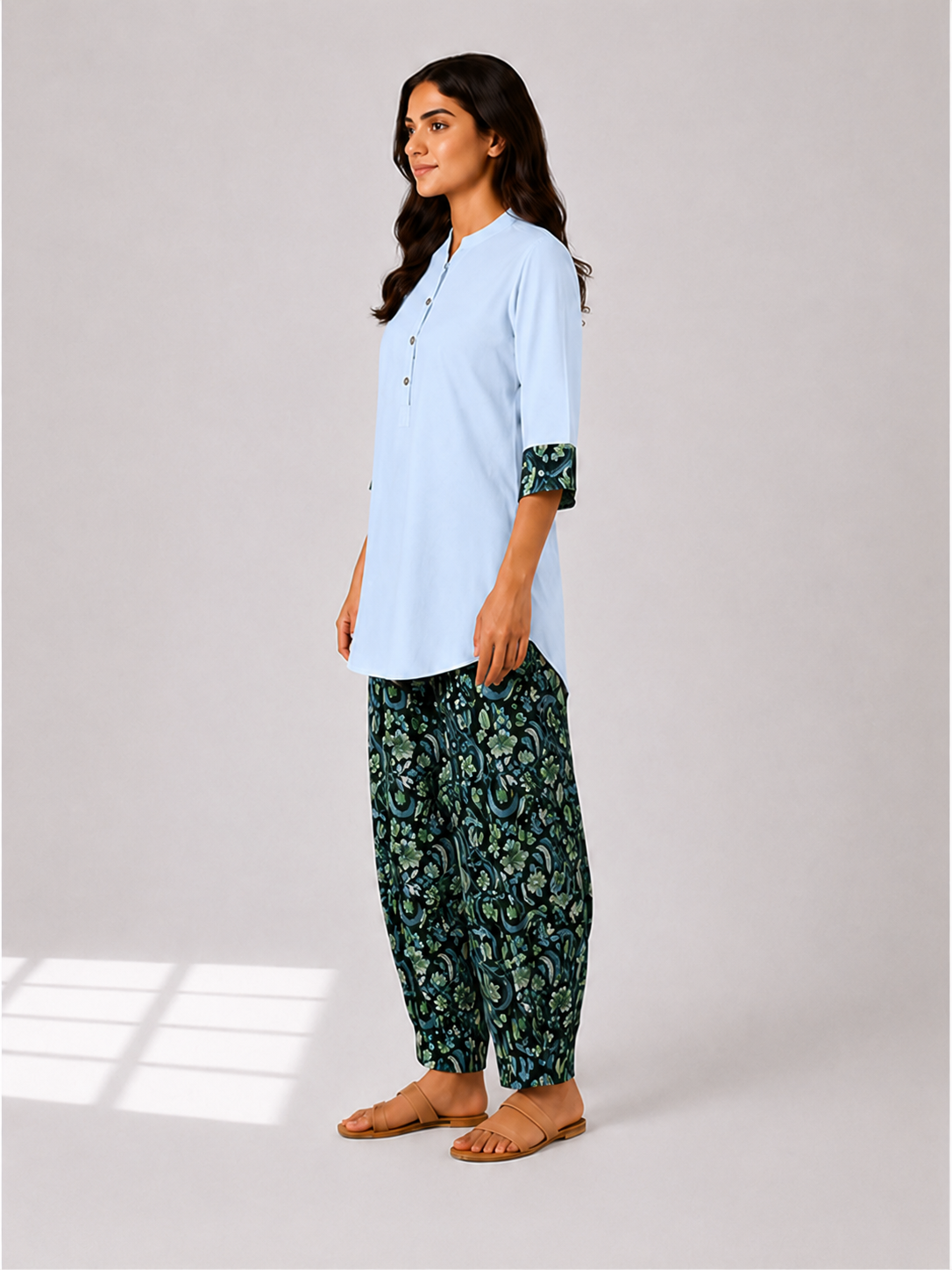 Curved Hem Relaxed Kurta with Printed Salwar - Ice Blue