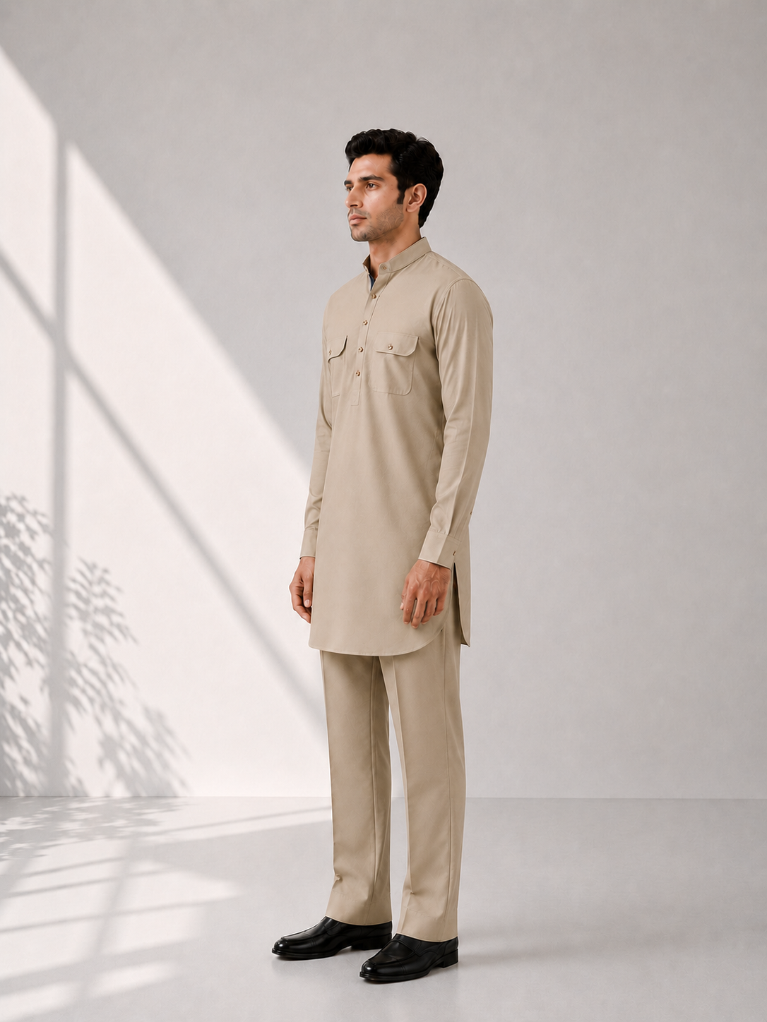 Fusion Pathani Kurta Set - Beige