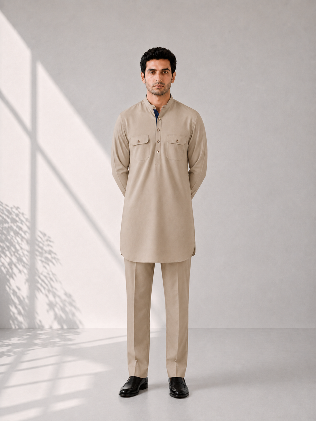 Fusion Pathani Kurta Set - Beige