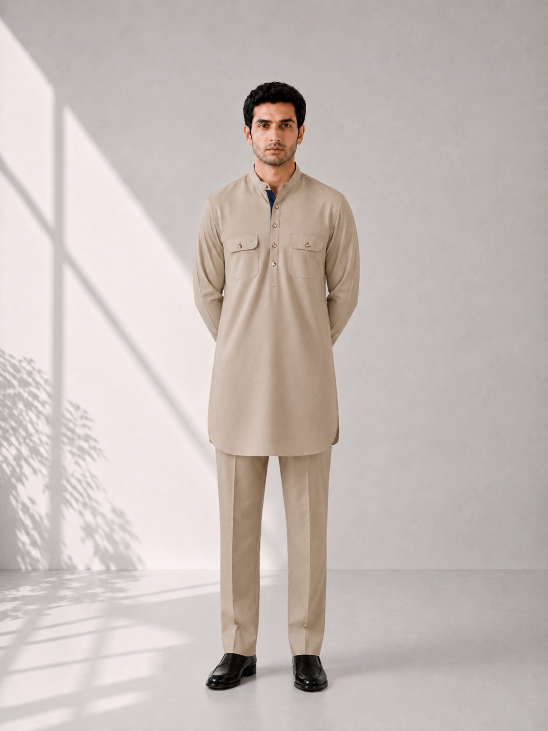 Fusion Pathani Kurta Set - Beige