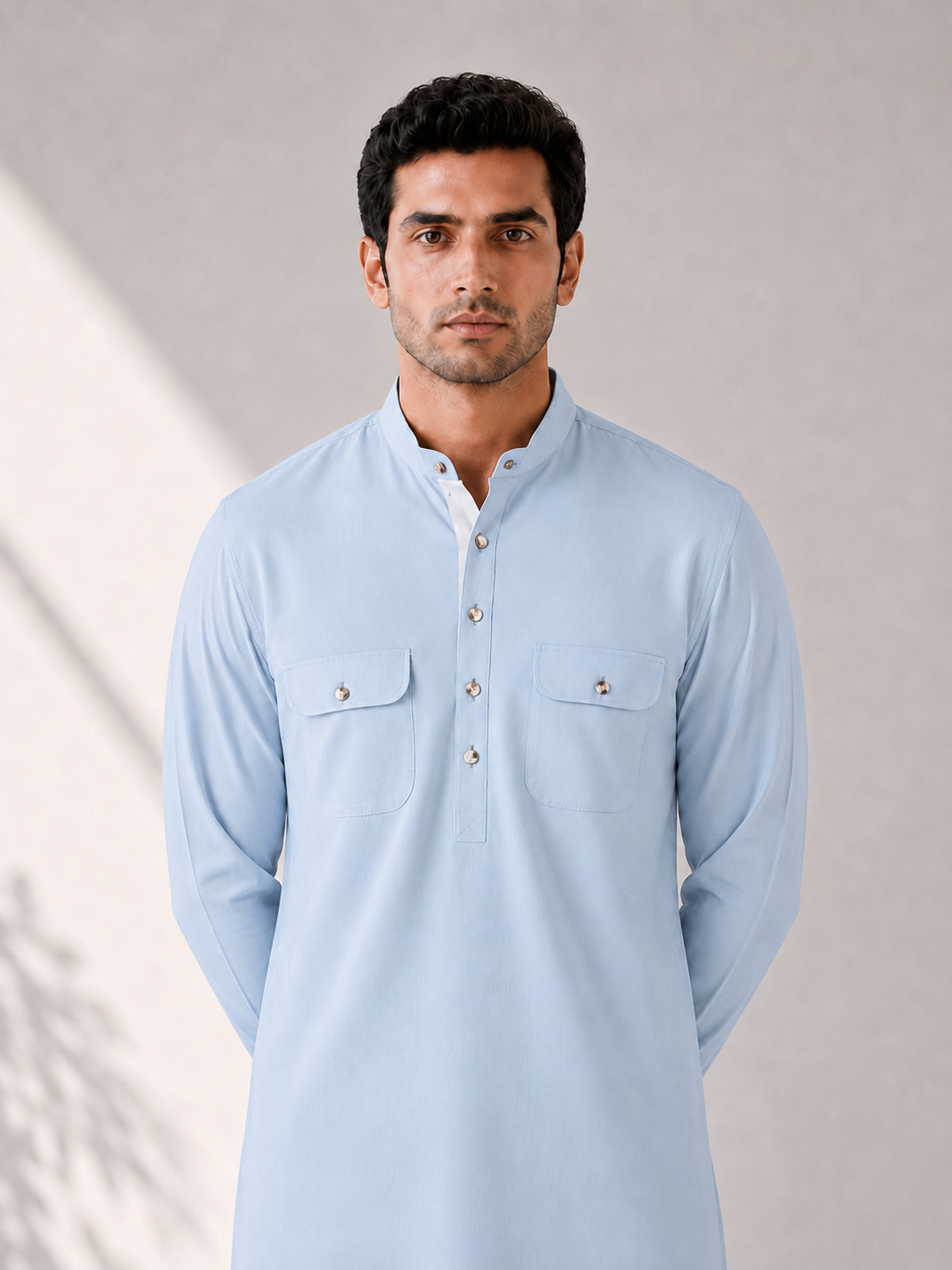 Fusion Pathani Kurta Set - Light Blue