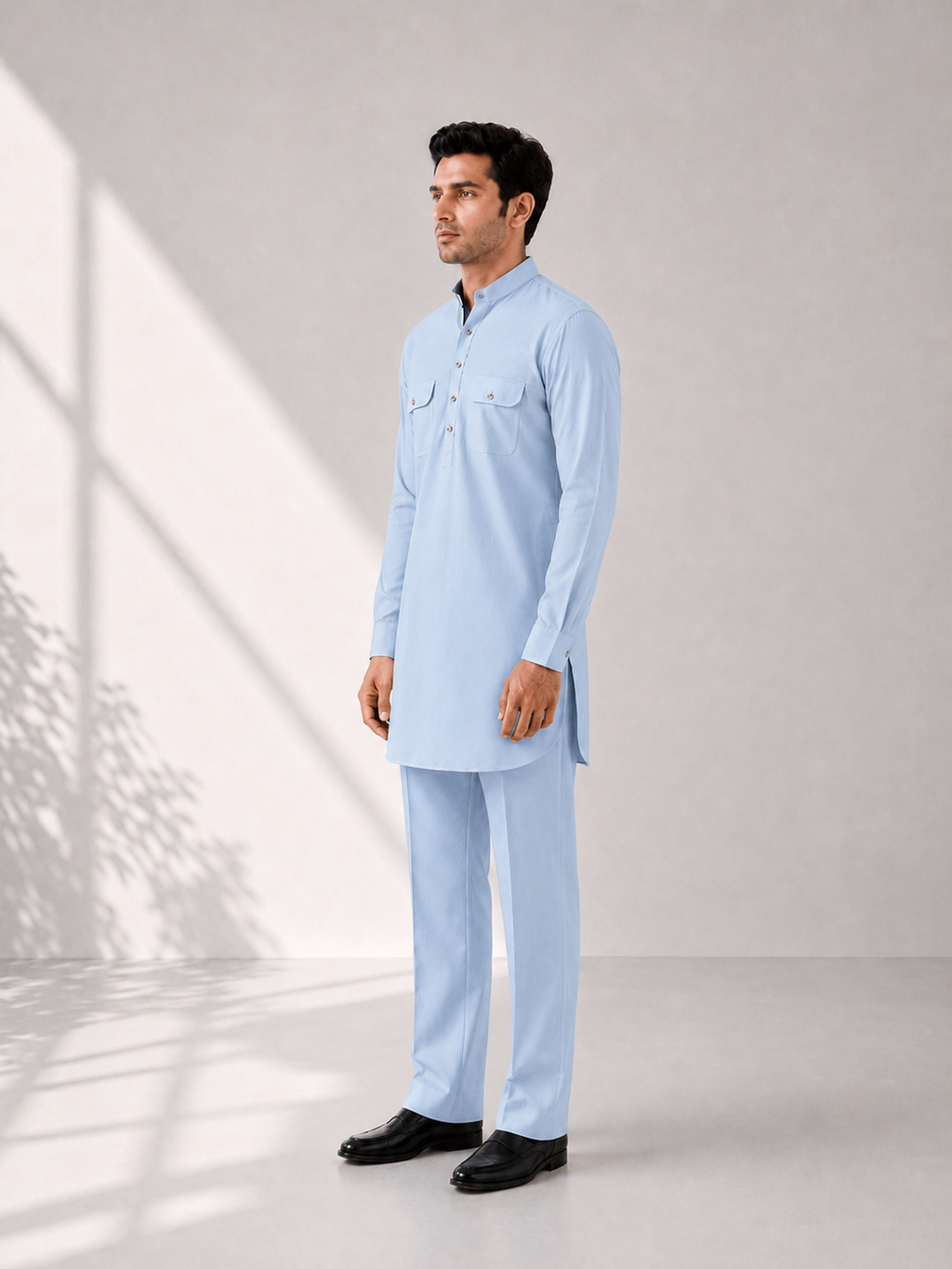 Fusion Pathani Kurta Set - Light Blue