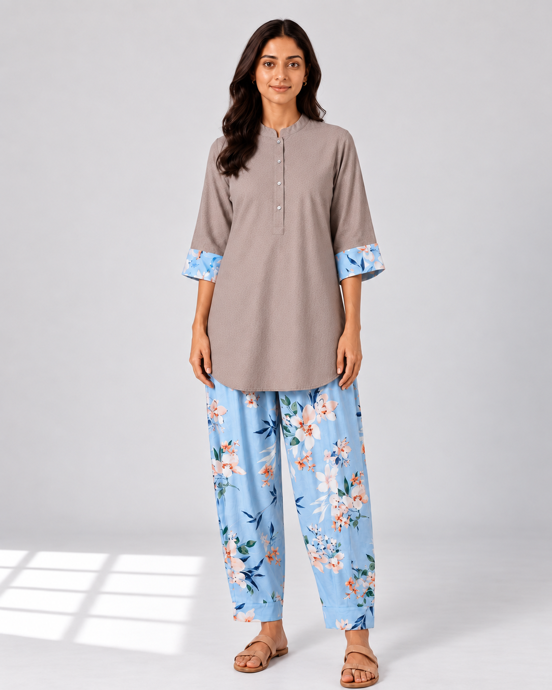 Curved Hem Relaxed Kurta with Printed Salwar - Grey