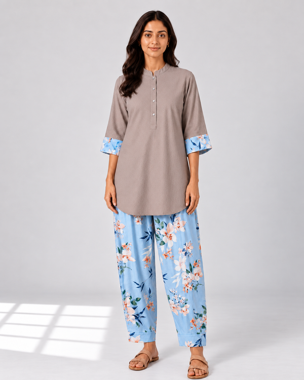 Curved Hem Relaxed Kurta with Printed Salwar - Grey