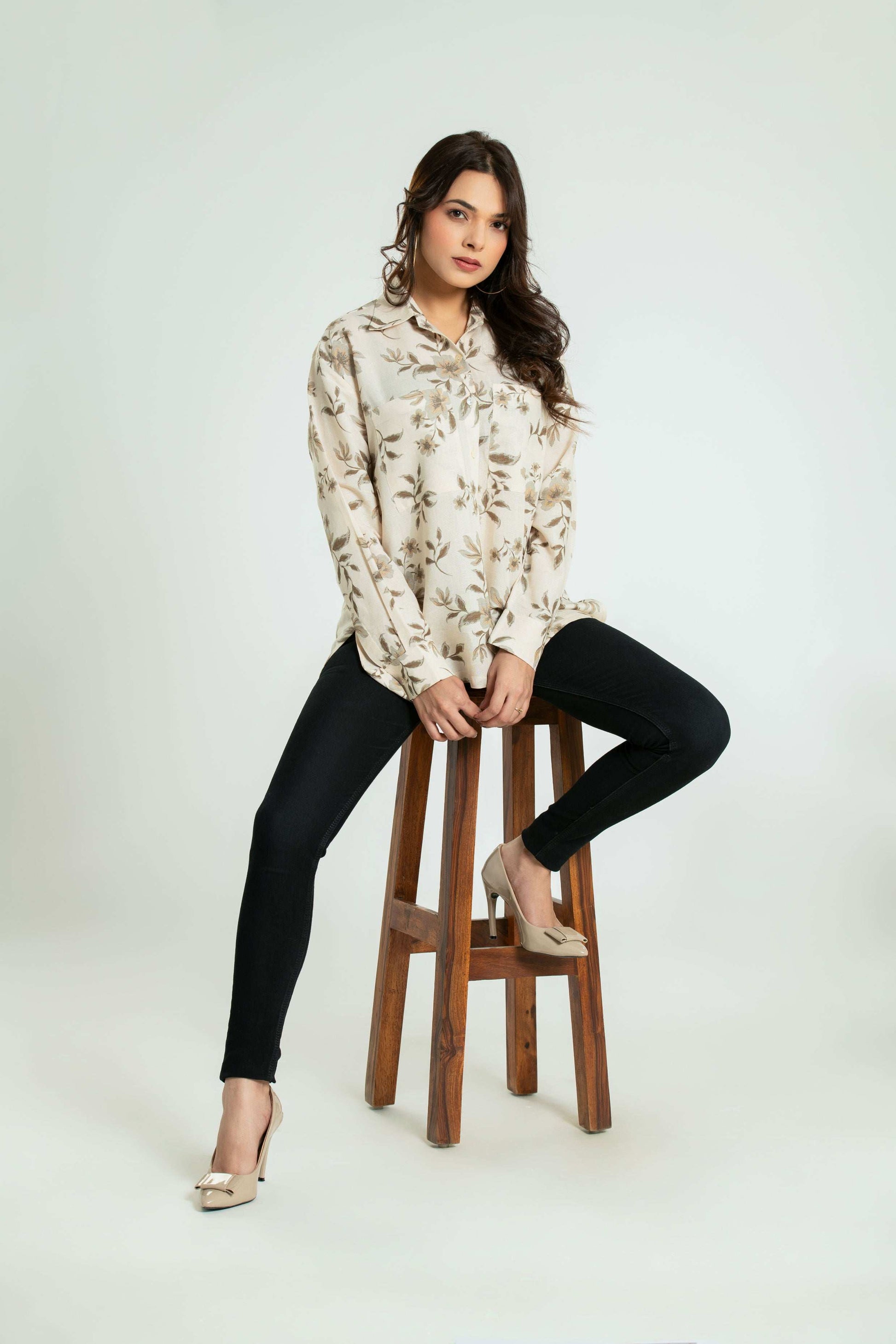 Women's Floral Printed Oversize Fit Shirt Casual Shirt