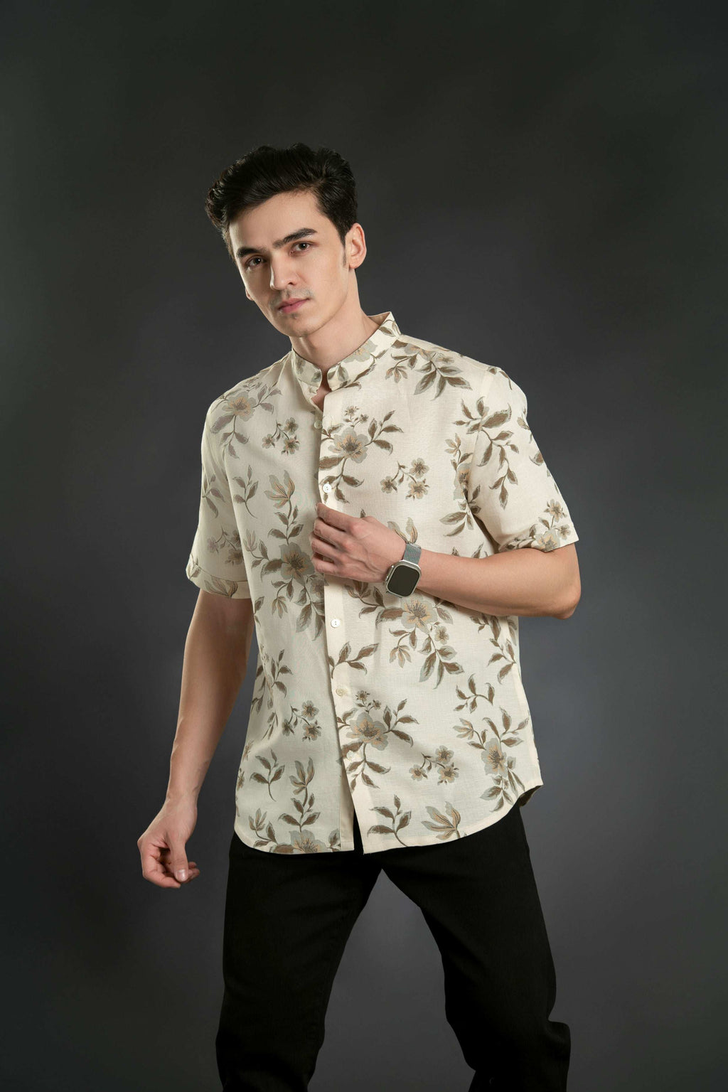 Floral Mandarin Linen Shirt Casual Shirt