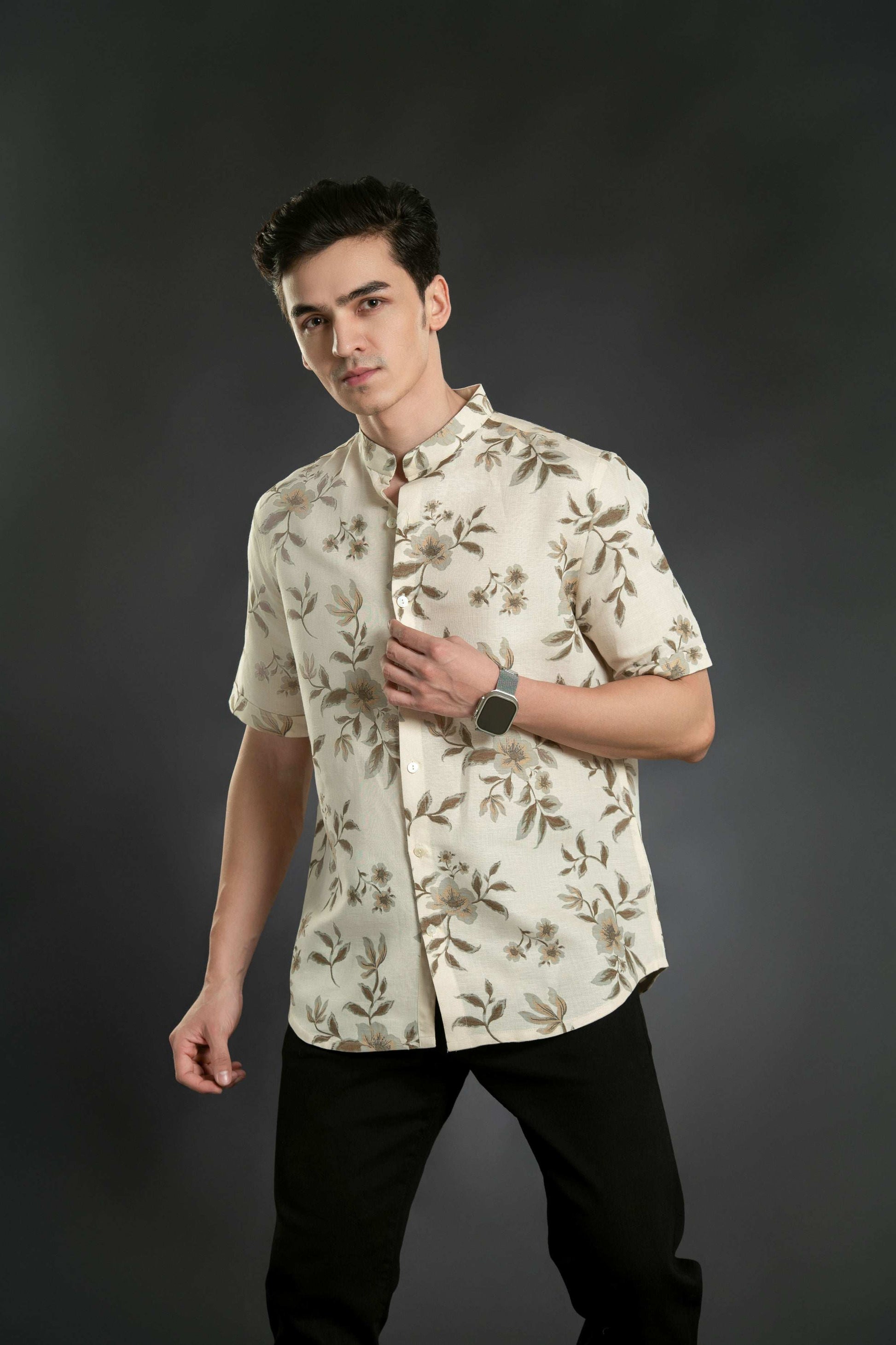 Floral Mandarin Linen Shirt Casual Shirt