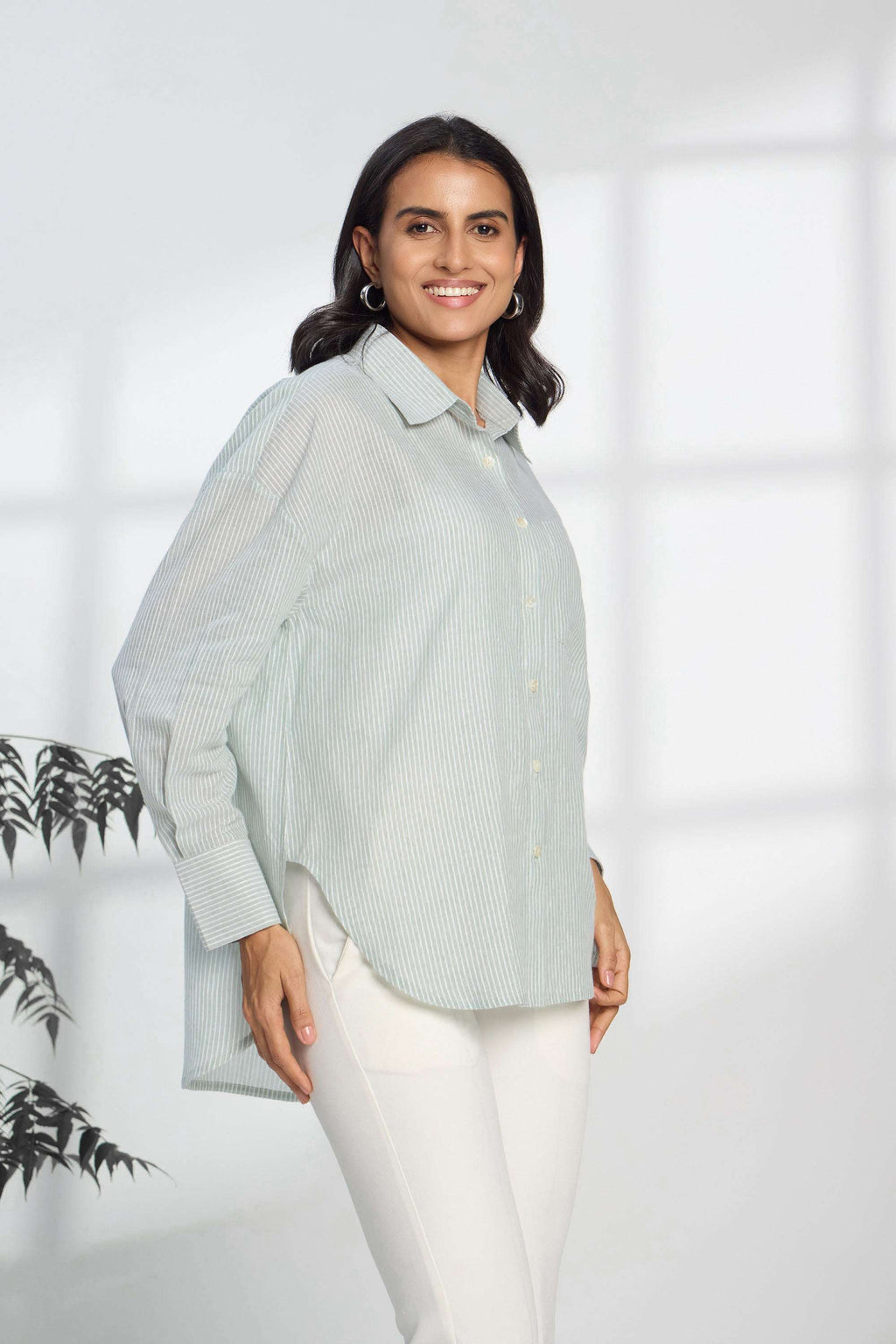 Green Apple Stripe - Oversized Cotton Shirt for Women Women's Shirts Women's Shirts