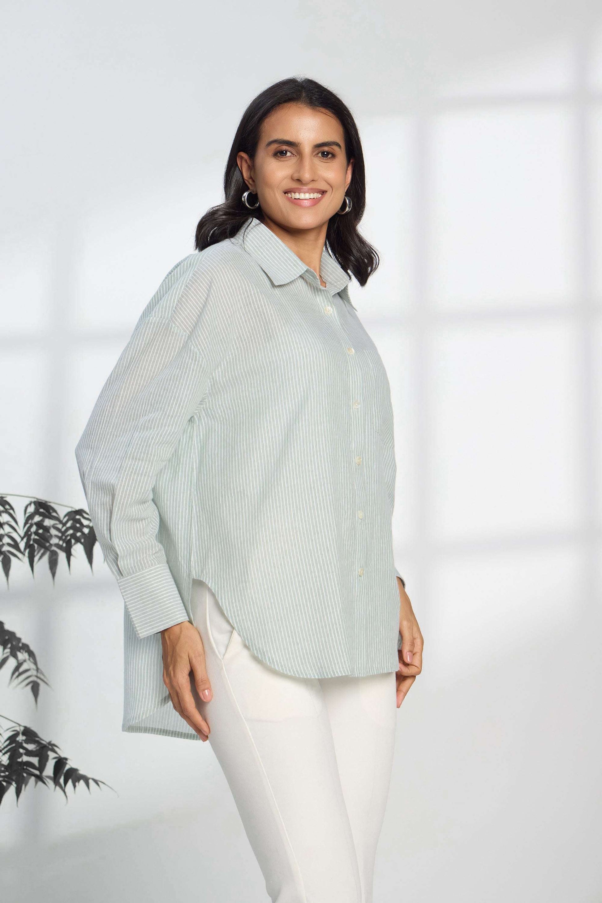 Green Apple Stripe - Oversized Cotton Shirt for Women Women's Shirts Women's Shirts