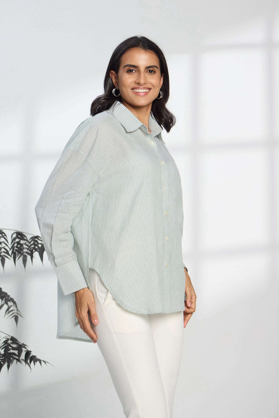 Green Apple Stripe - Oversized Cotton Shirt for Women Women's Shirts Women's Shirts