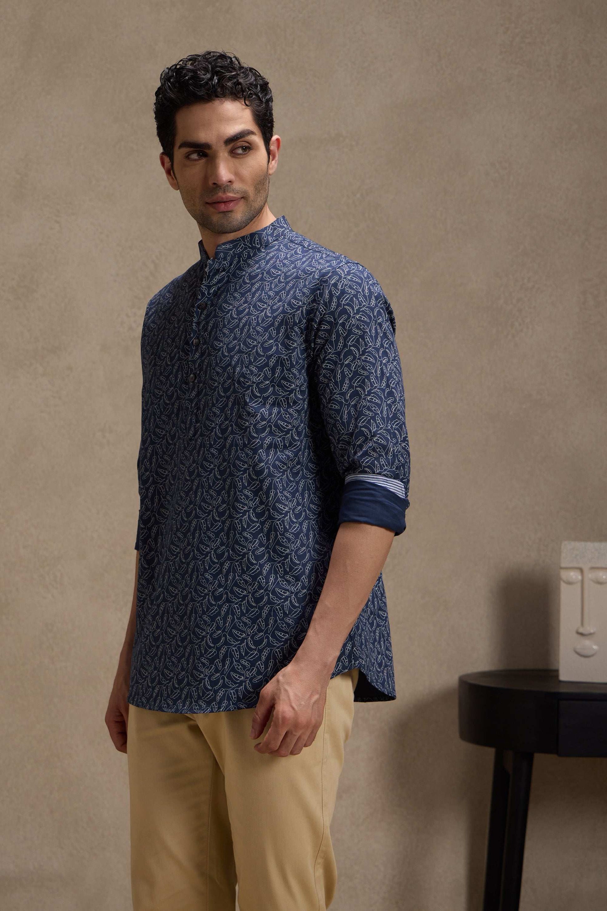 Indigo Printed Mandarin Collar Short Kurta Short Kurta Short Kurta