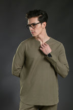 Men's V-Neck Linen Lounge Shirt Short Kurta S Olive Shirt