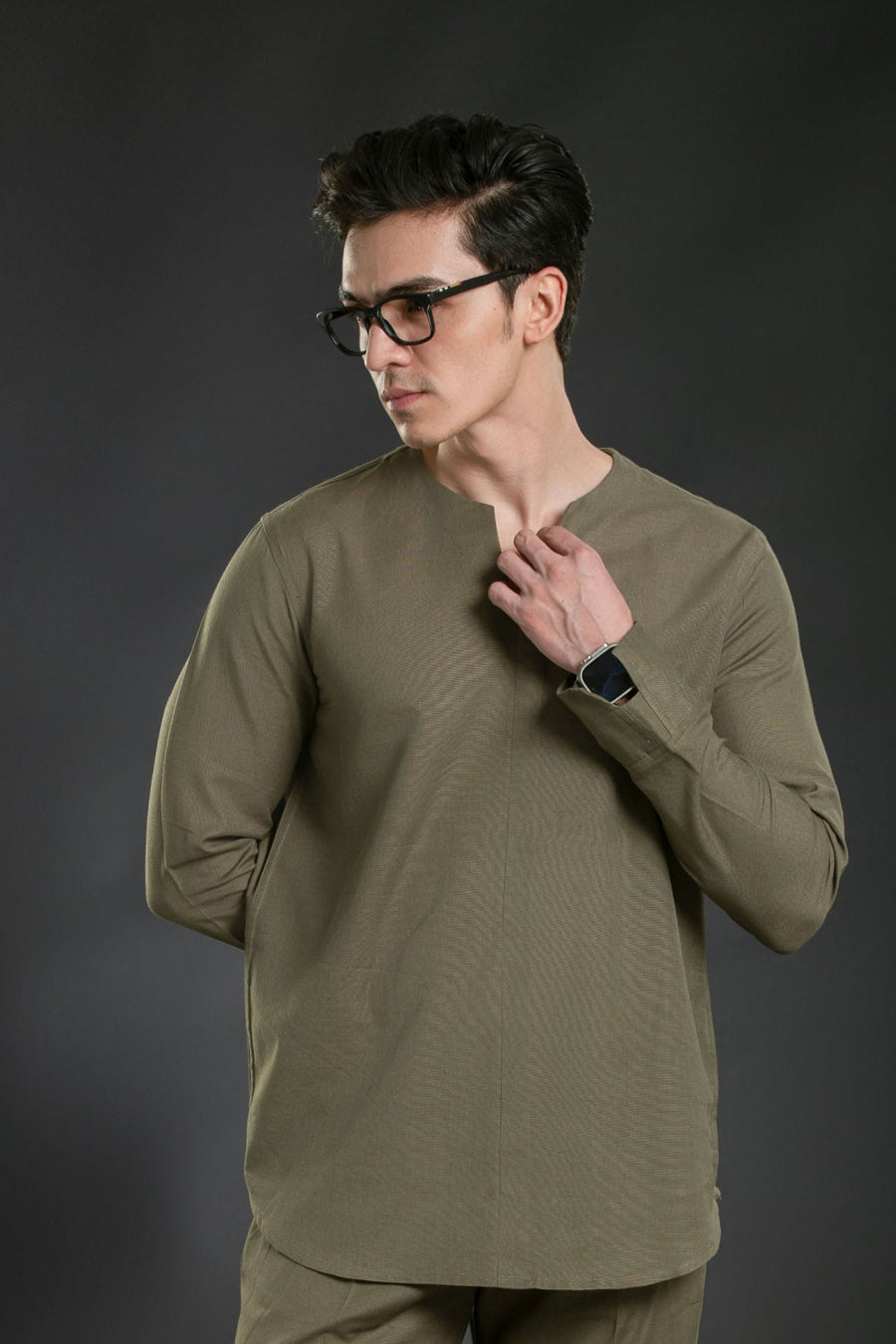 Men's V-Neck Linen Lounge Shirt Short Kurta S Olive Shirt