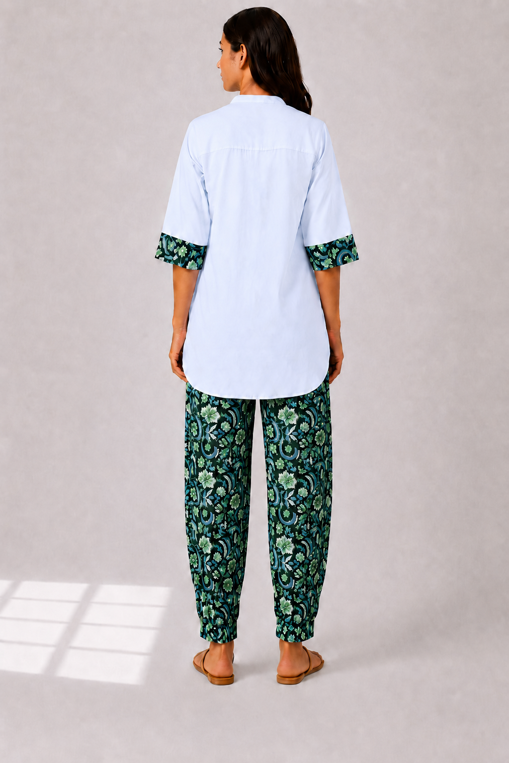 Curved Hem Blue Printed Kurta Salwar Set