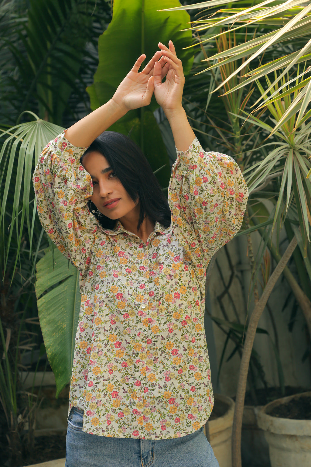 Women’s Floral Print Shirt with Bishop Sleeves