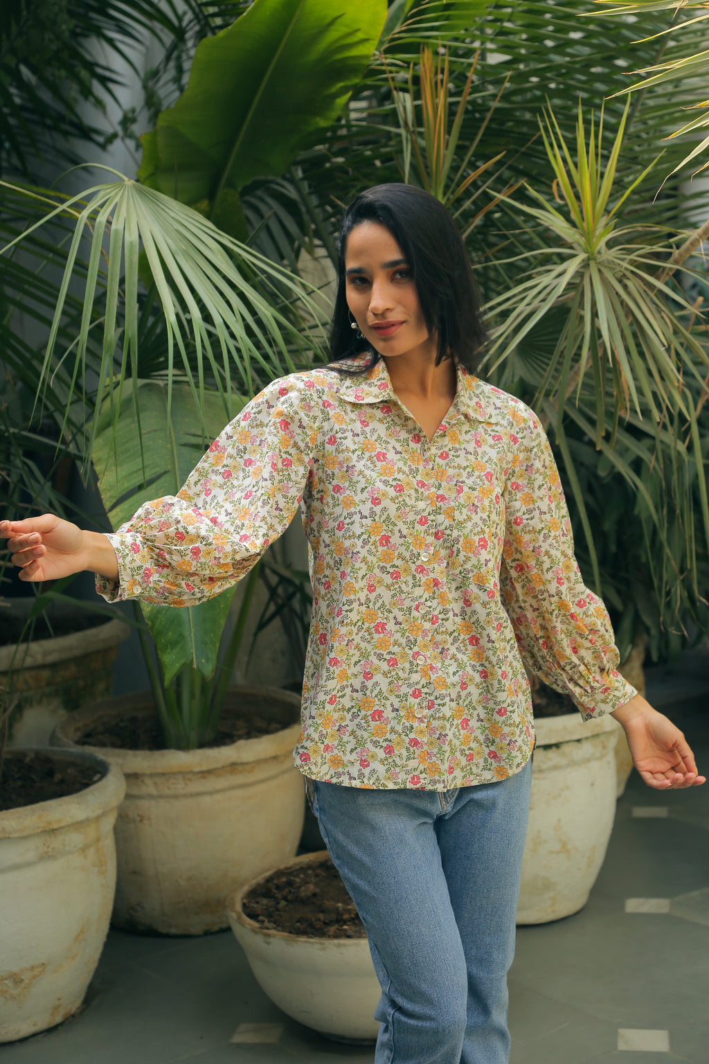 Women’s Floral Print Shirt with Bishop Sleeves