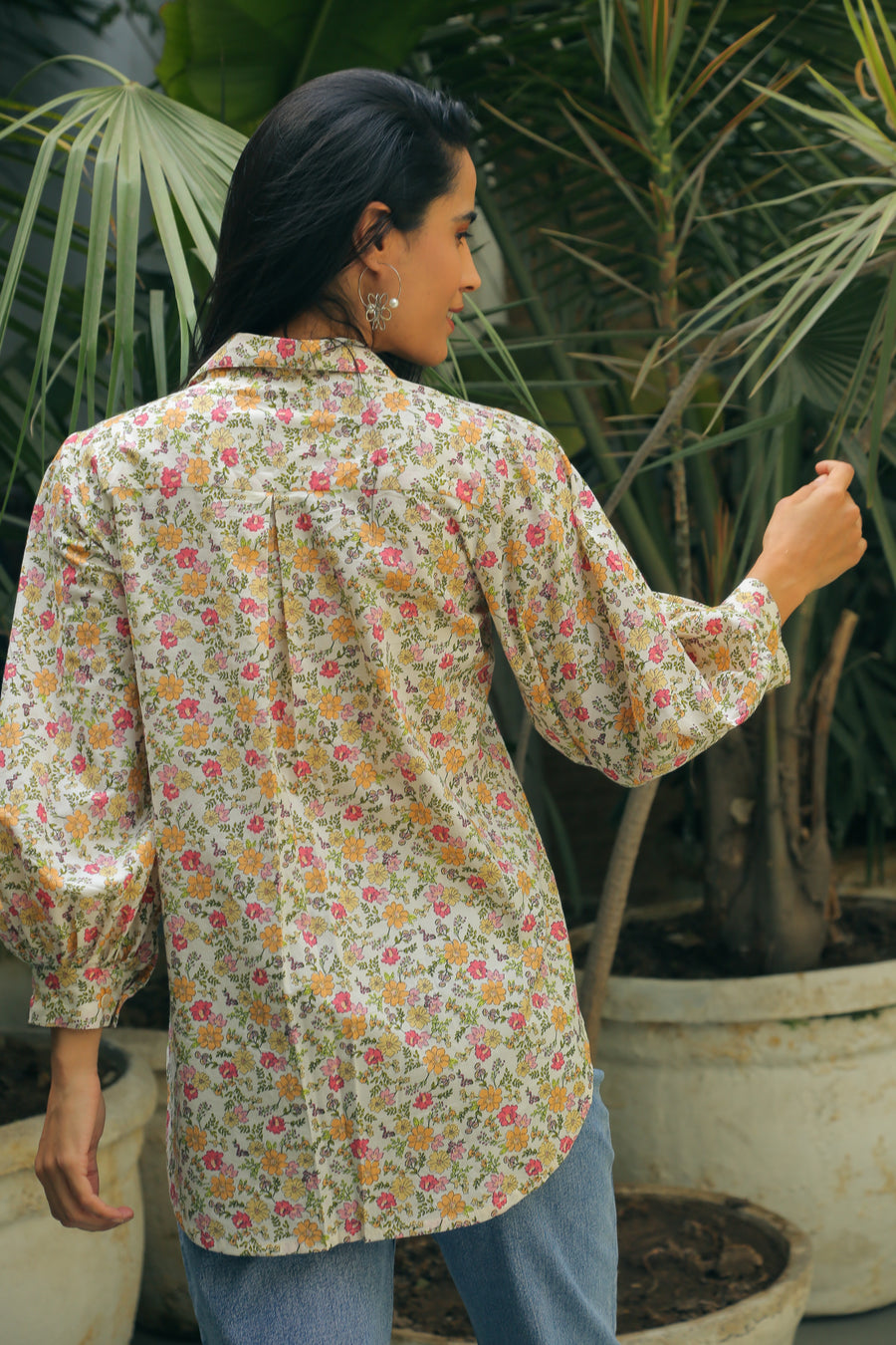 Women’s Floral Print Shirt with Bishop Sleeves Shirts Printed Cotton Shirt
