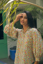 Women’s Floral Print Shirt with Bishop Sleeves Shirts Printed Cotton Shirt