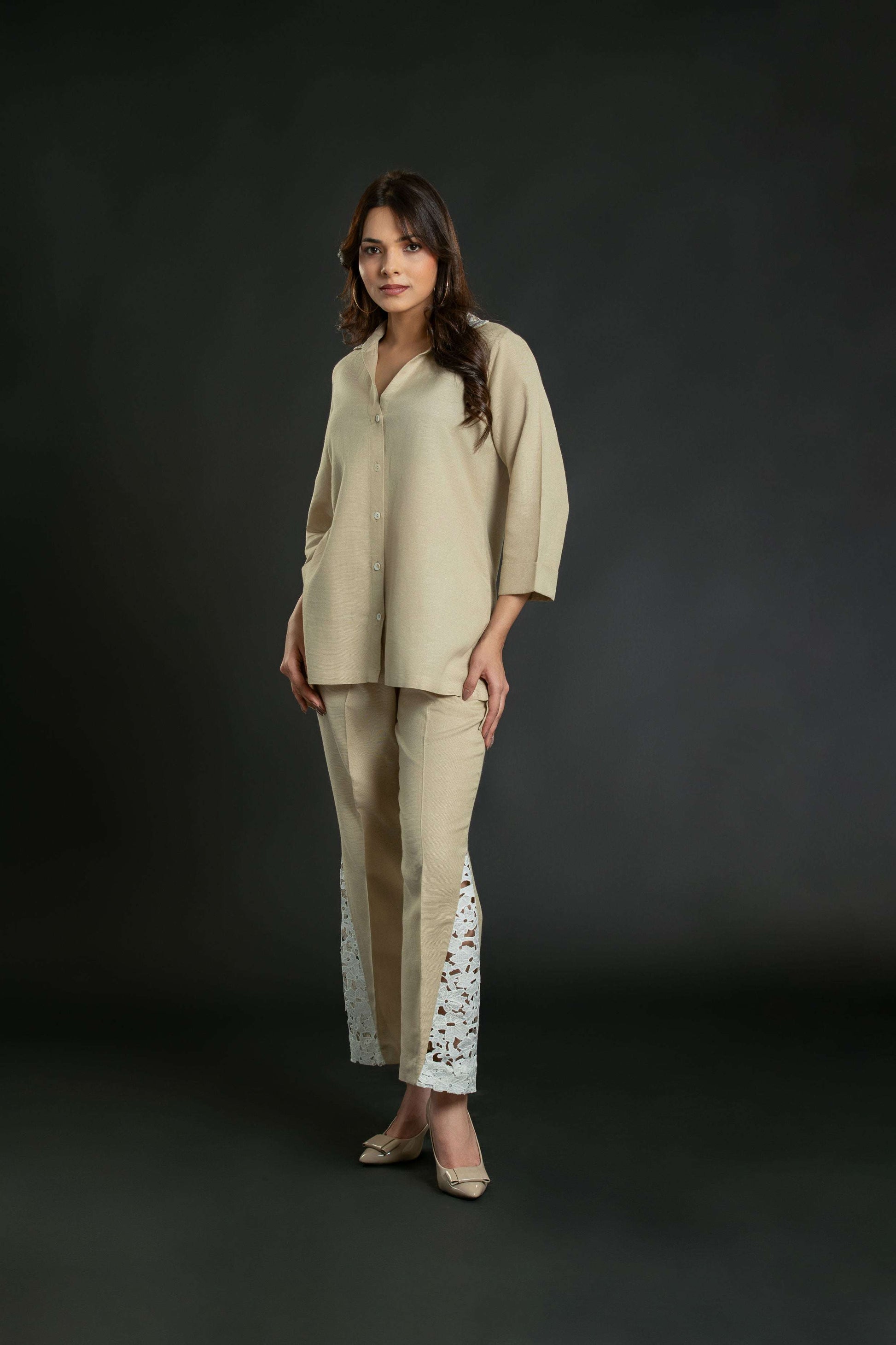 Women's Crochet Collar Short Coord with Bottom Crochet Detailing Short Co-Ord Set