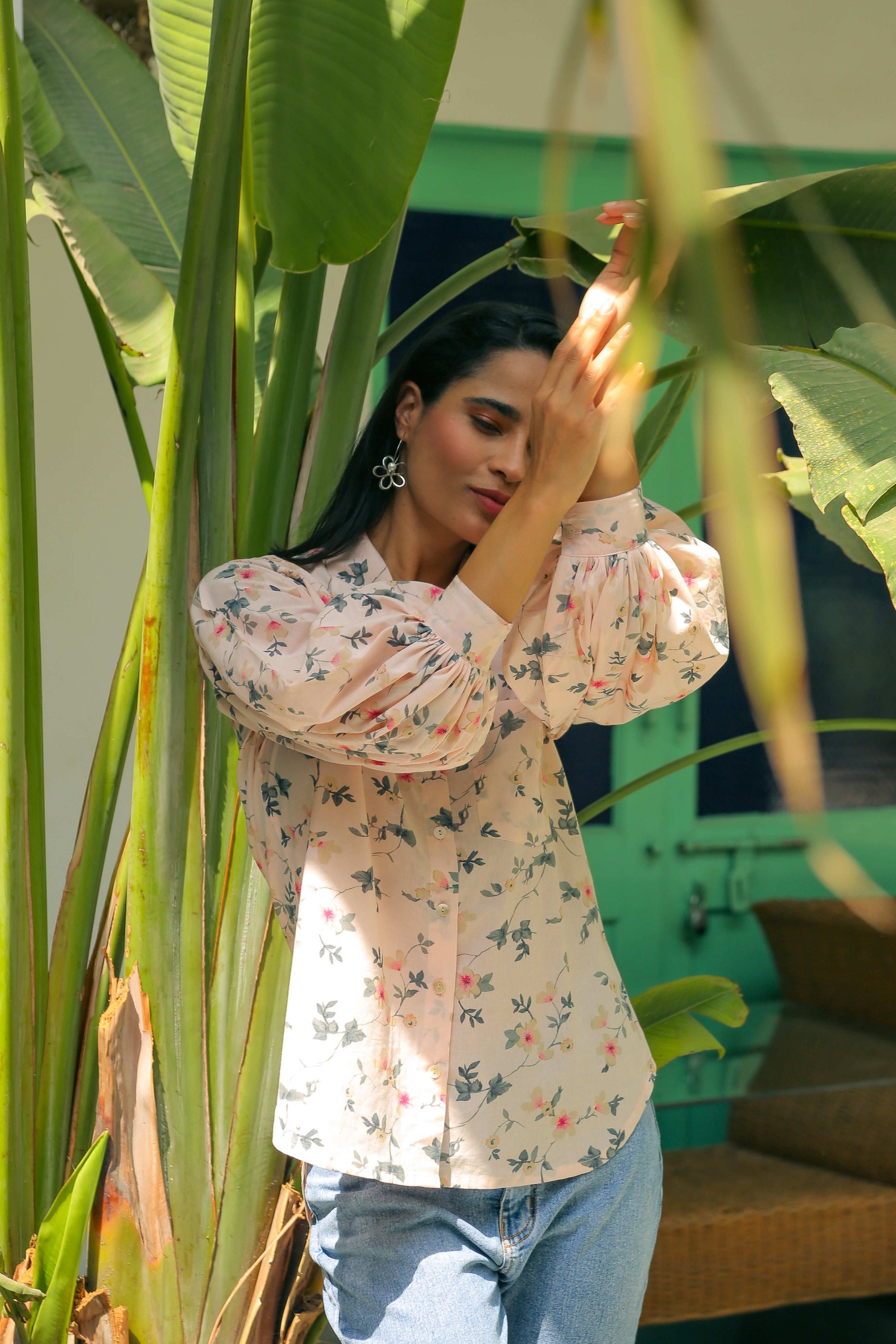 Floral Print Shirt With Bishop Sleeves Shirts Printed Cotton Shirt