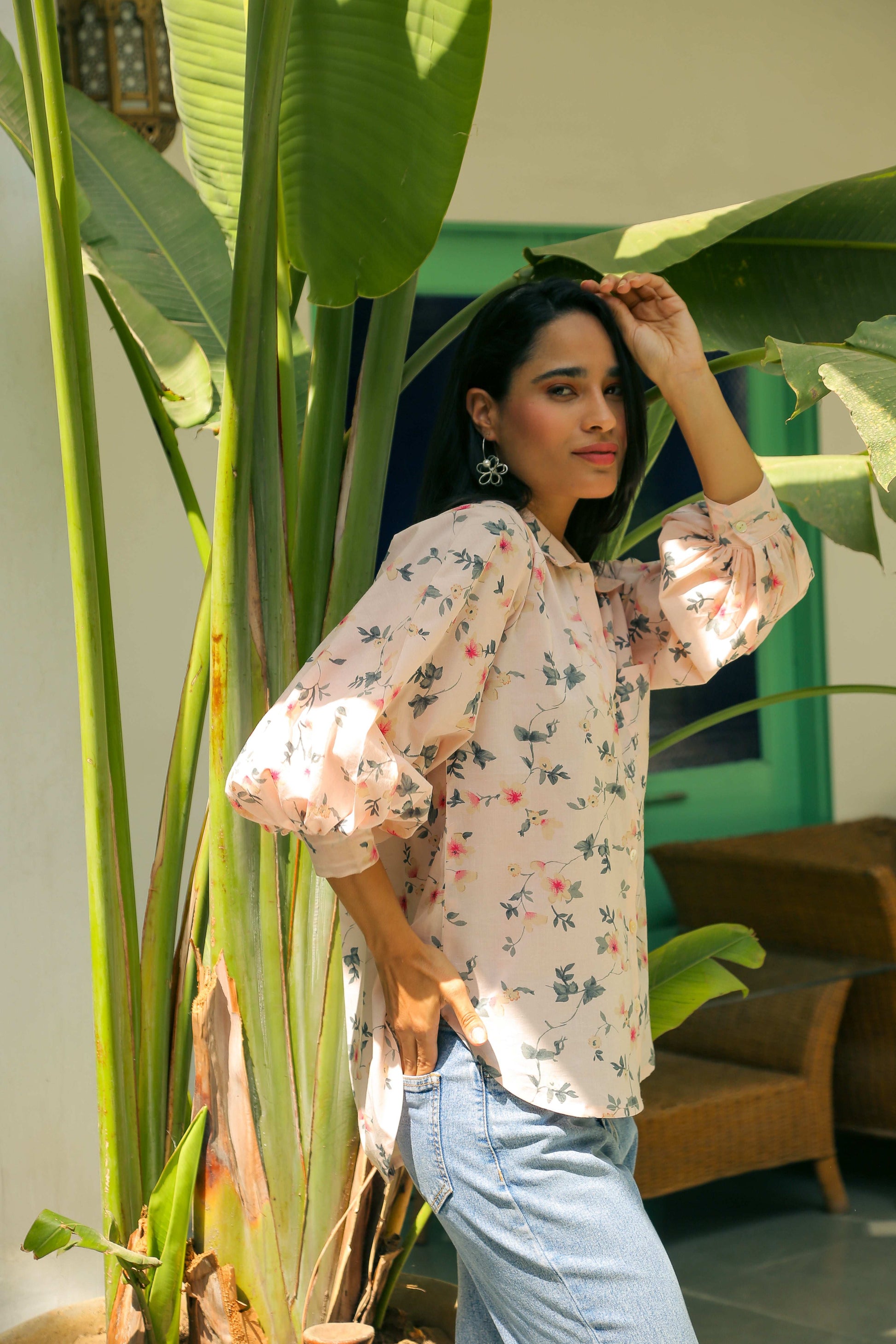 Floral Print Shirt With Bishop Sleeves Shirts Printed Cotton Shirt