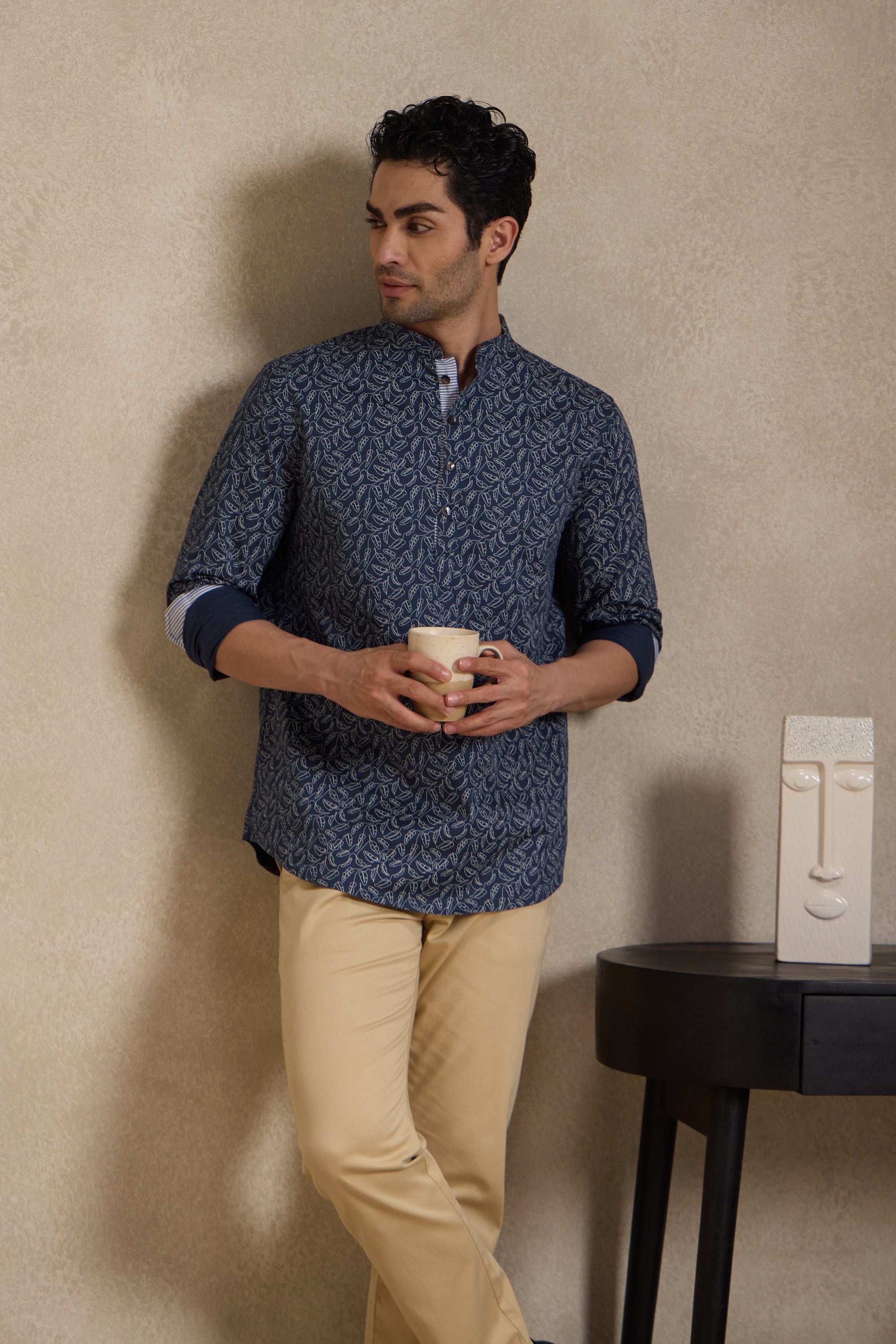 Indigo Printed Mandarin Collar Short Kurta Short Kurta Short Kurta