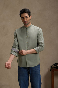 Earthy Sage - Linen Mandarin Collar Shirt for Men