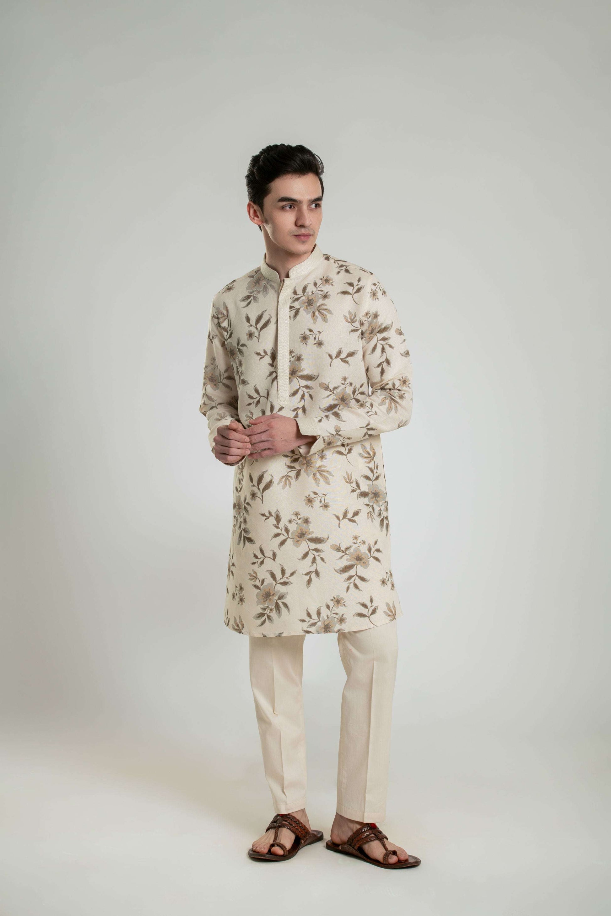 Floral Linen Kurta Set With Anchor Thread Embroidery Kurta Pant Set